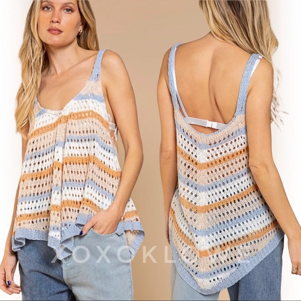 POL Blue + Orange Striped Crochet Open Knit Sleeveless Top - Picture 4 of 15